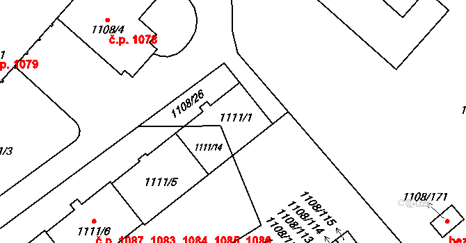 Radotín 1083,1084,1085,1086,, Praha na parcele st. 1111/1 v KÚ Radotín, Katastrální mapa