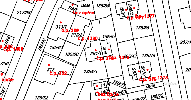 Sezimovo Ústí 376 na parcele st. 291/1 v KÚ Sezimovo Ústí, Katastrální mapa