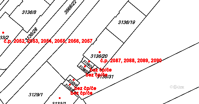 Východní Předměstí 2087,2088,2089,2090, Plzeň na parcele st. 3136/20 v KÚ Plzeň, Katastrální mapa