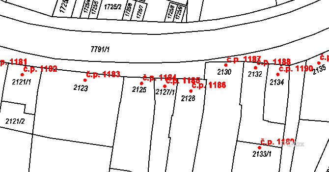Prostějov 1185 na parcele st. 2127/1 v KÚ Prostějov, Katastrální mapa