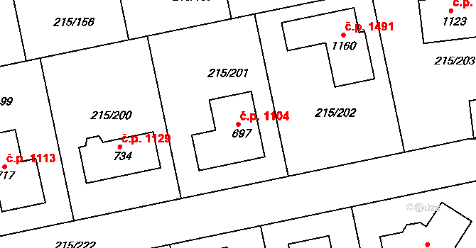 Rudná 1104 na parcele st. 697 v KÚ Hořelice, Katastrální mapa