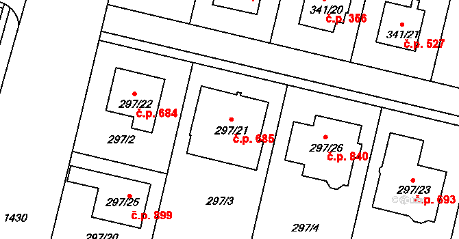Jinonice 685, Praha na parcele st. 297/21 v KÚ Jinonice, Katastrální mapa