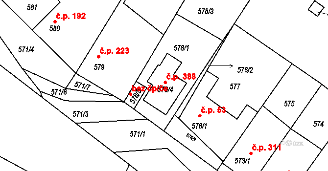 Kačice 388 na parcele st. 578/4 v KÚ Kačice, Katastrální mapa