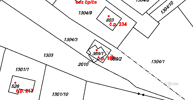 Božkov 187, Mnichovice na parcele st. 389/1 v KÚ Božkov u Mnichovic, Katastrální mapa