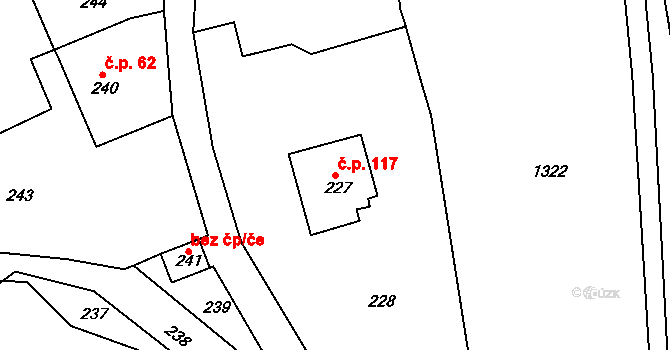 Domanín 117, Bystřice nad Pernštejnem na parcele st. 227 v KÚ Domanín u Bystřice nad Pernštejnem, Katastrální mapa