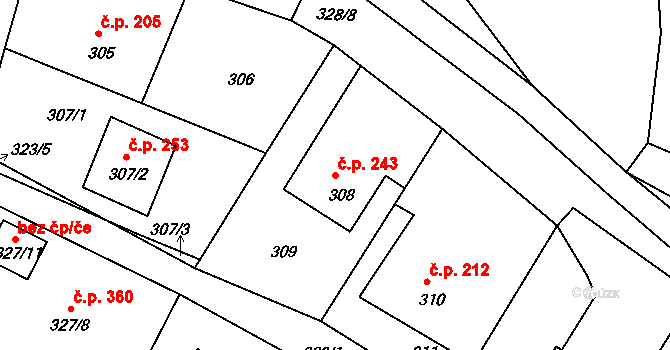 Lípa 243 na parcele st. 308 v KÚ Lípa nad Dřevnicí, Katastrální mapa
