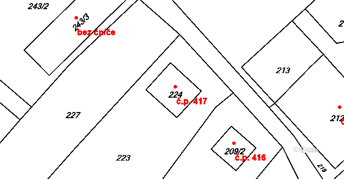 Troubelice 417 na parcele st. 224 v KÚ Troubelice, Katastrální mapa