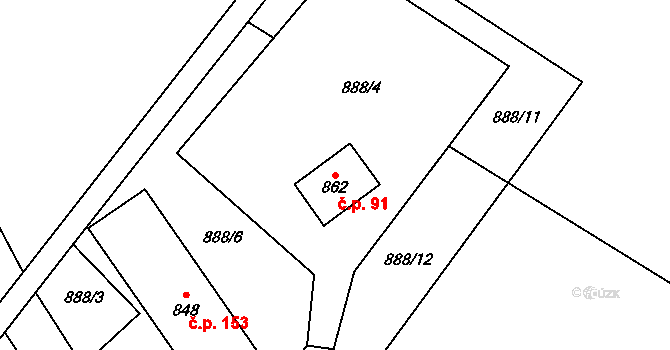 Hanušovice 91 na parcele st. 862 v KÚ Hanušovice, Katastrální mapa