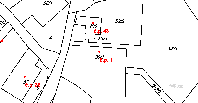 Pivonín 1, Zábřeh na parcele st. 39/1 v KÚ Pivonín, Katastrální mapa
