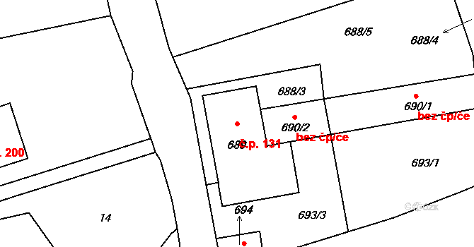 Bernartice nad Odrou 131 na parcele st. 689 v KÚ Bernartice nad Odrou, Katastrální mapa