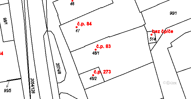 Merklín 83 na parcele st. 48/1 v KÚ Merklín u Přeštic, Katastrální mapa