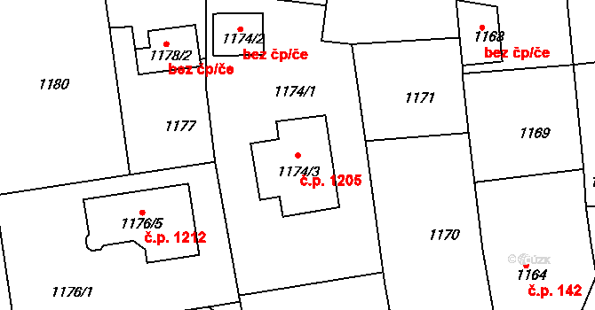 Třemošná 1205 na parcele st. 1174/3 v KÚ Třemošná, Katastrální mapa