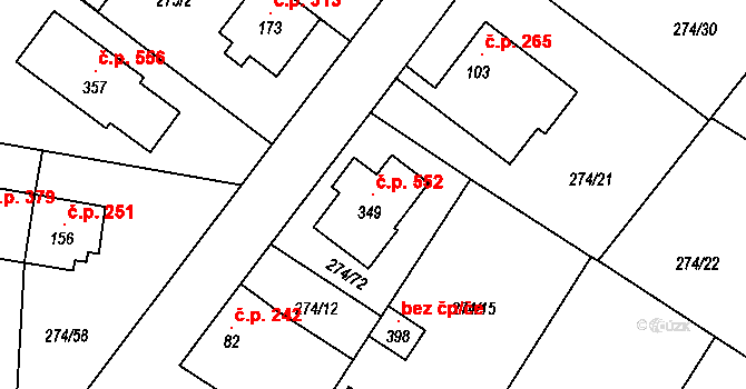 Tuchoměřice 552 na parcele st. 349 v KÚ Kněžívka, Katastrální mapa