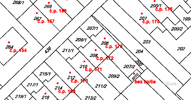 Bedihošť 172 na parcele st. 208 v KÚ Bedihošť, Katastrální mapa