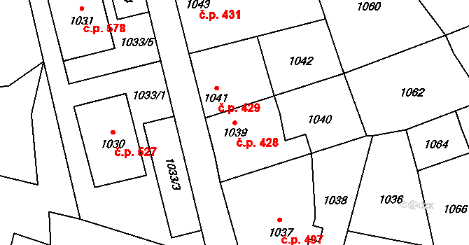 Konice 428 na parcele st. 1039 v KÚ Konice, Katastrální mapa