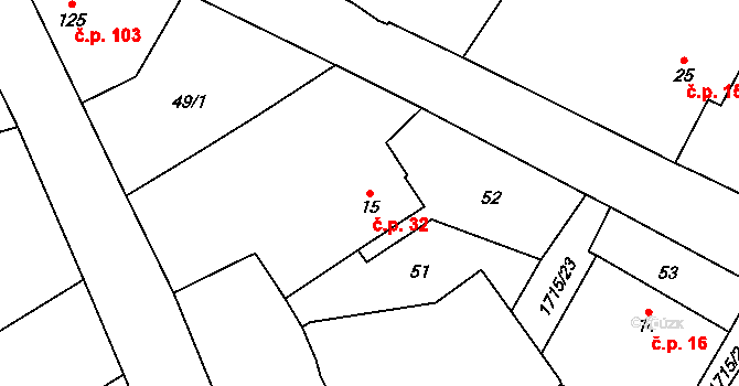 Tymákov 32 na parcele st. 15 v KÚ Tymákov, Katastrální mapa