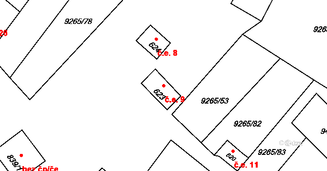 Dyjákovice 9 na parcele st. 623 v KÚ Dyjákovice, Katastrální mapa