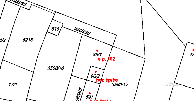 Hrabětice 102 na parcele st. 86/1 v KÚ Hrabětice, Katastrální mapa