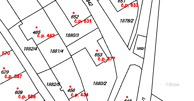 Luby 577 na parcele st. 653 v KÚ Luby I, Katastrální mapa