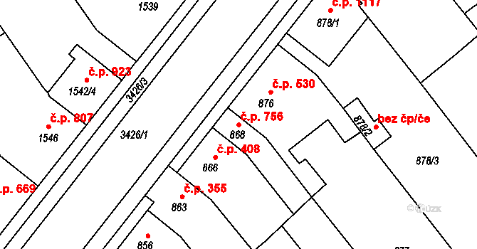 Rohatec 756 na parcele st. 868 v KÚ Rohatec, Katastrální mapa