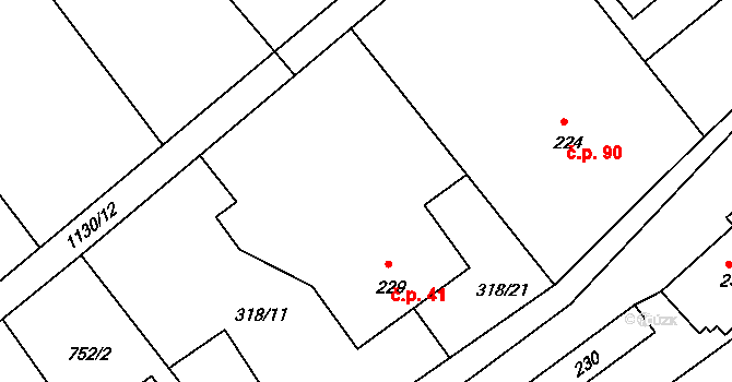 Košařiska 41 na parcele st. 229 v KÚ Košařiska, Katastrální mapa