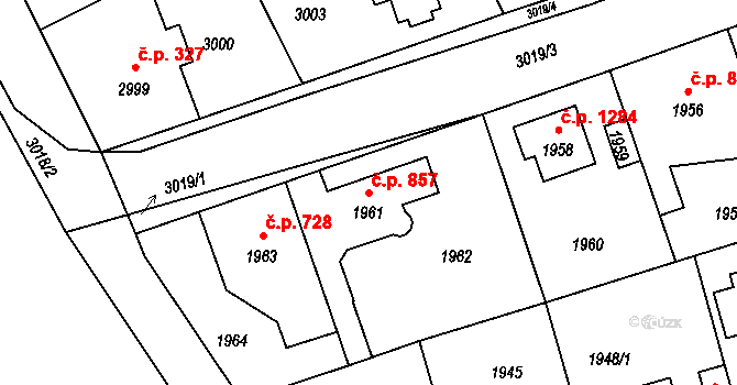 Úvaly 857 na parcele st. 1961 v KÚ Úvaly u Prahy, Katastrální mapa
