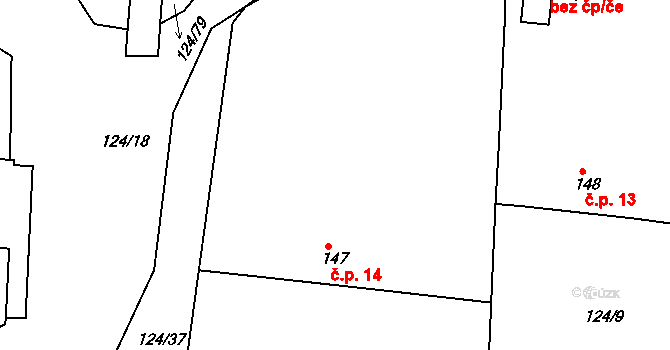 Skuhrov 14 na parcele st. 147 v KÚ Skuhrov pod Brdy, Katastrální mapa