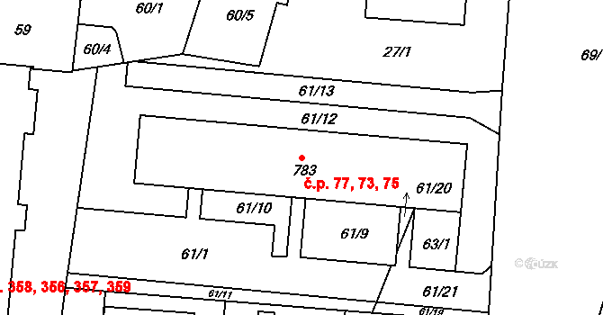 Smiřice 73,75,77 na parcele st. 783 v KÚ Smiřice, Katastrální mapa