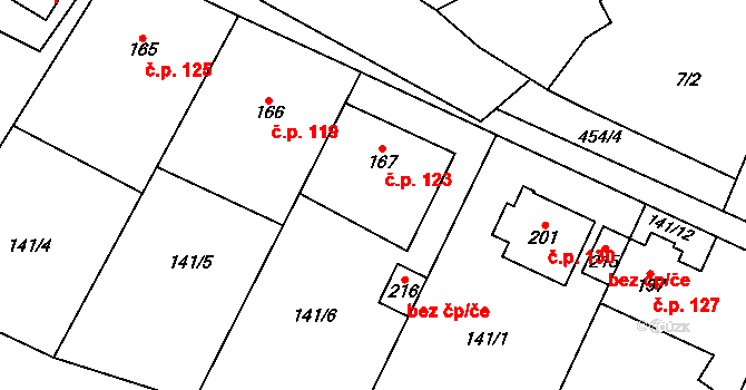Panenské Břežany 123 na parcele st. 167 v KÚ Panenské Břežany, Katastrální mapa