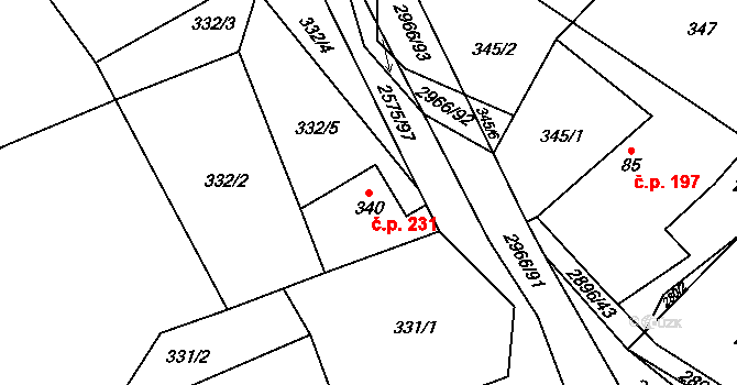 Kunčina 231 na parcele st. 340 v KÚ Kunčina, Katastrální mapa
