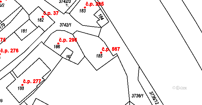 Žamberk 567 na parcele st. 185 v KÚ Žamberk, Katastrální mapa