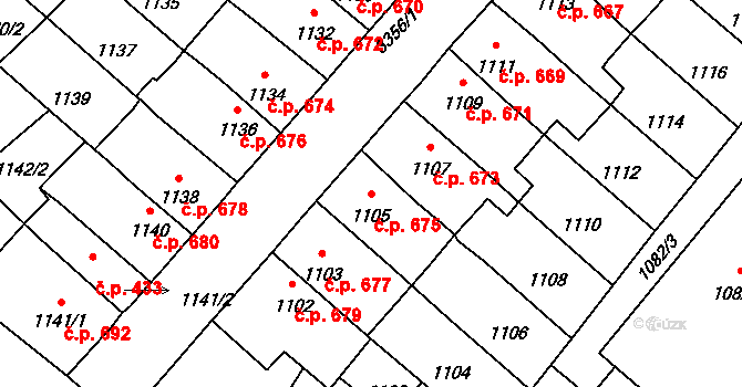 Pelhřimov 675 na parcele st. 1105 v KÚ Pelhřimov, Katastrální mapa