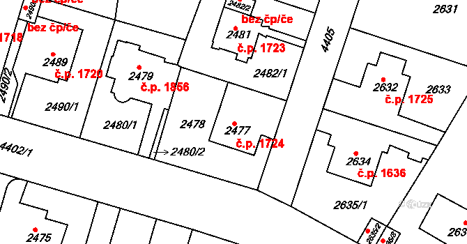 Teplice 1724 na parcele st. 2477 v KÚ Teplice, Katastrální mapa