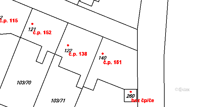 Břežany II 151 na parcele st. 140 v KÚ Břežany II, Katastrální mapa