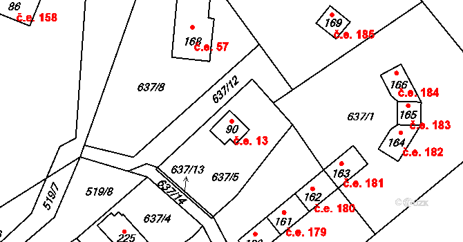 Oboz 13, Nalžovice na parcele st. 90 v KÚ Nalžovické Podhájí, Katastrální mapa