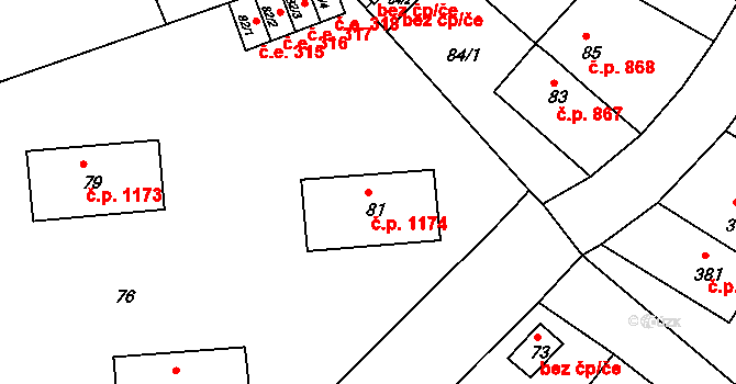 Jirkov 1174 na parcele st. 81 v KÚ Jirkov, Katastrální mapa