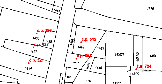 Střelice 512 na parcele st. 1442 v KÚ Střelice u Brna, Katastrální mapa