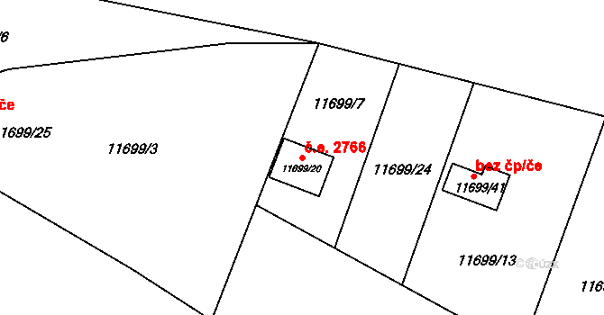 Severní Předměstí 2766, Plzeň na parcele st. 11699/20 v KÚ Plzeň, Katastrální mapa
