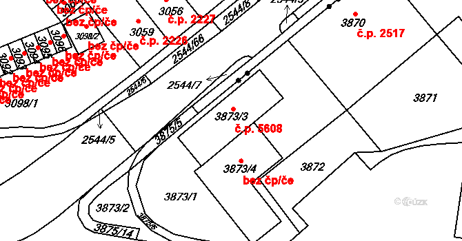 Chomutov 5608 na parcele st. 3873/3 v KÚ Chomutov I, Katastrální mapa