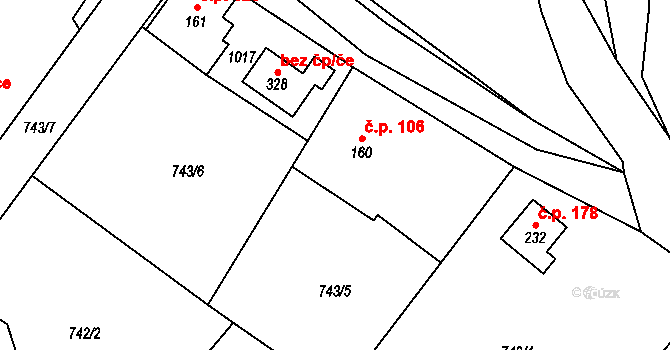 Velhartice 106 na parcele st. 160 v KÚ Velhartice, Katastrální mapa