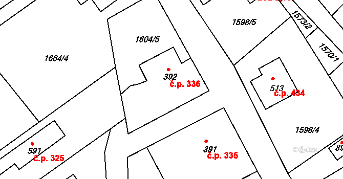Křižanov 336 na parcele st. 392 v KÚ Křižanov, Katastrální mapa