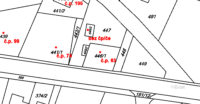 Velíková 63, Zlín na parcele st. 446/1 v KÚ Velíková, Katastrální mapa