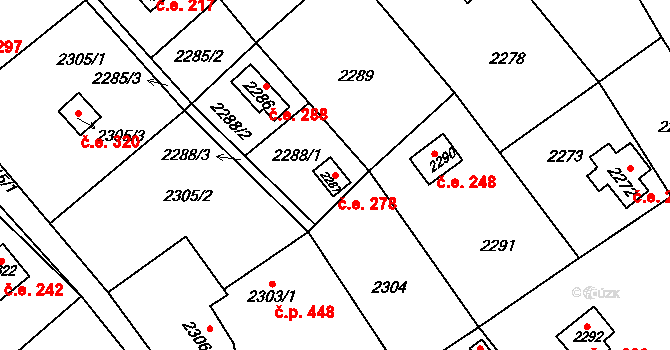 Buchlovice 278 na parcele st. 2287 v KÚ Buchlovice, Katastrální mapa