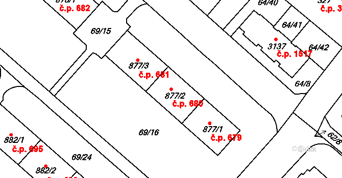 Neratovice 680 na parcele st. 877/2 v KÚ Neratovice, Katastrální mapa