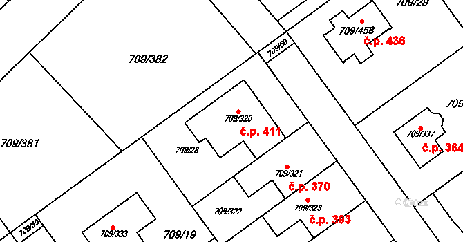 Popůvky 411 na parcele st. 709/320 v KÚ Popůvky u Brna, Katastrální mapa