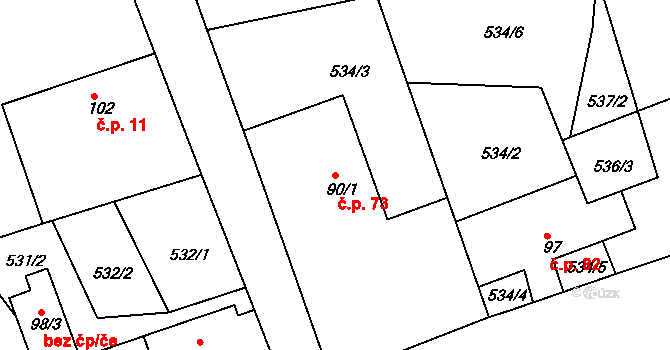 Nový Dvůr 73, Podhořany u Ronova na parcele st. 90/1 v KÚ Podhořany u Ronova, Katastrální mapa