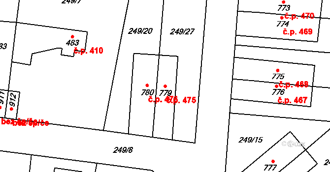 Rosice 475, Pardubice na parcele st. 779 v KÚ Rosice nad Labem, Katastrální mapa