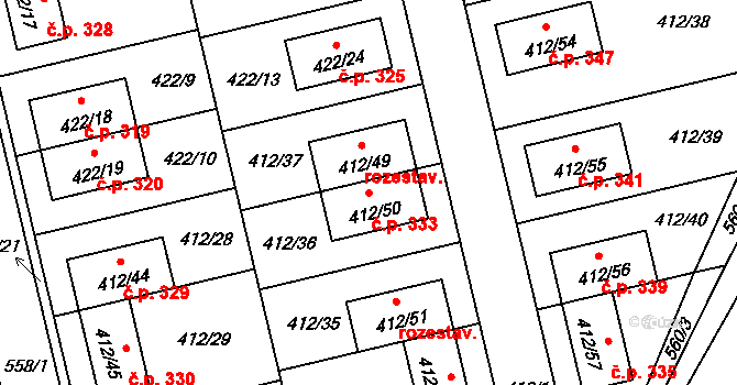 Lysolaje 333, Praha na parcele st. 412/50 v KÚ Lysolaje, Katastrální mapa