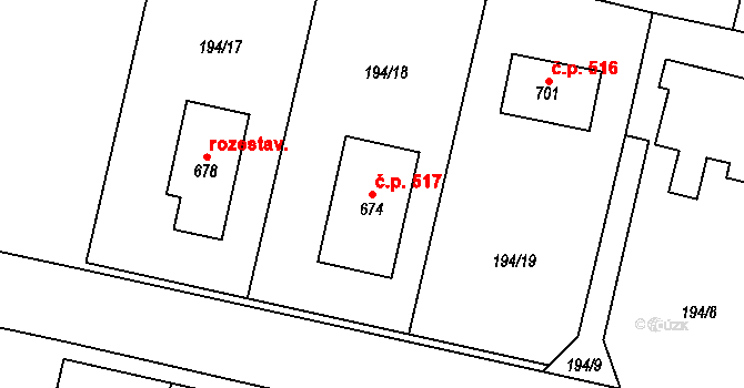 Rožďalovice 517 na parcele st. 674 v KÚ Rožďalovice, Katastrální mapa
