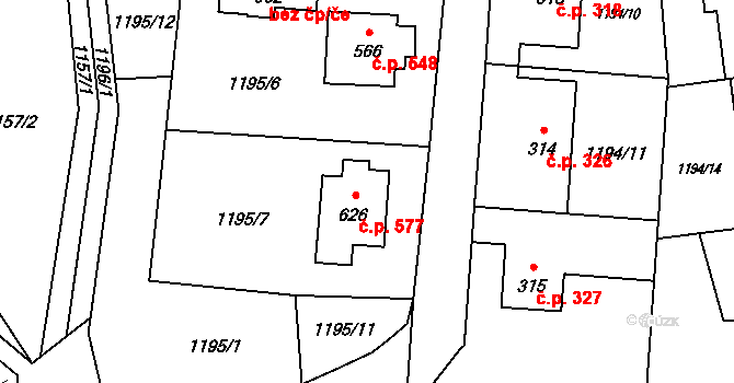 Mořkov 577 na parcele st. 626 v KÚ Mořkov, Katastrální mapa
